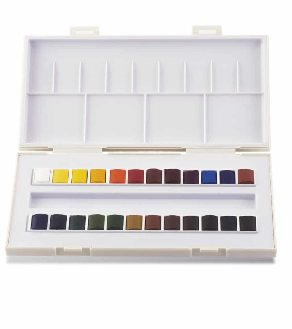 Photo des 24 nuances de couleurs incluses dans la boite de 24 demi godets la petite aquarelle sennelier