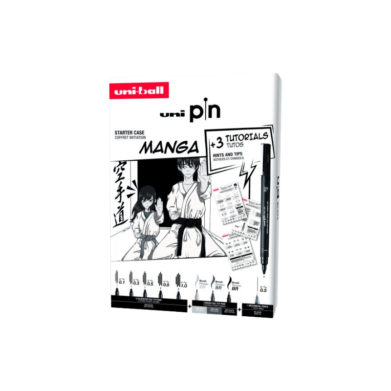 Coffret initiation Manga 8 feutres et 1 porte mine Shalaku + 3 planches de tutos Uni ball