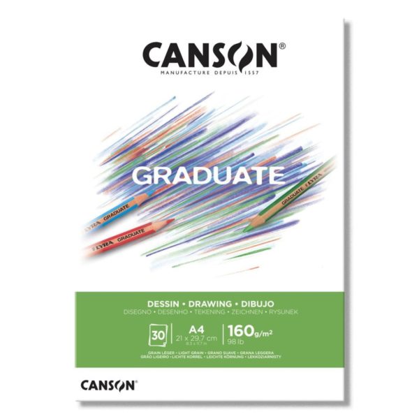 blocs Graduate Croquis Canson, disponibles en formats A3, A4 et A5, offrent 40 feuilles de papier de haute qualité à grain léger (96g/m²)