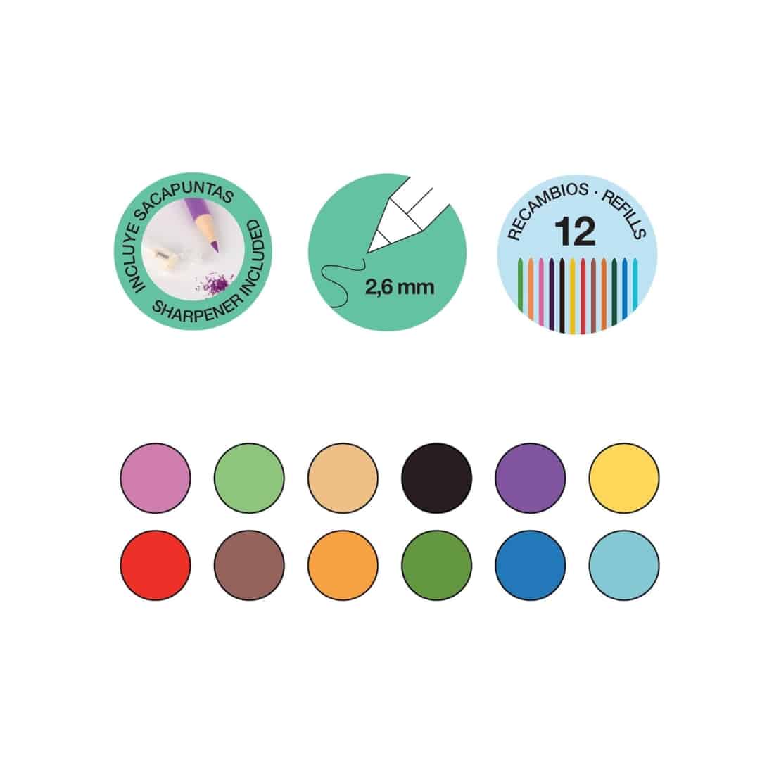 Set de 12 Porte-mines de couleurs Color Click avec taille-crayon et mines de rechange